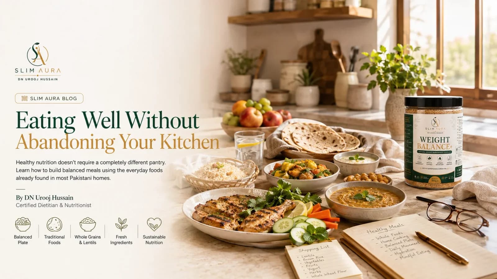 Eating well without abandoning your kitchen — a home-style balanced plate of daal, roti, salad and grilled chicken