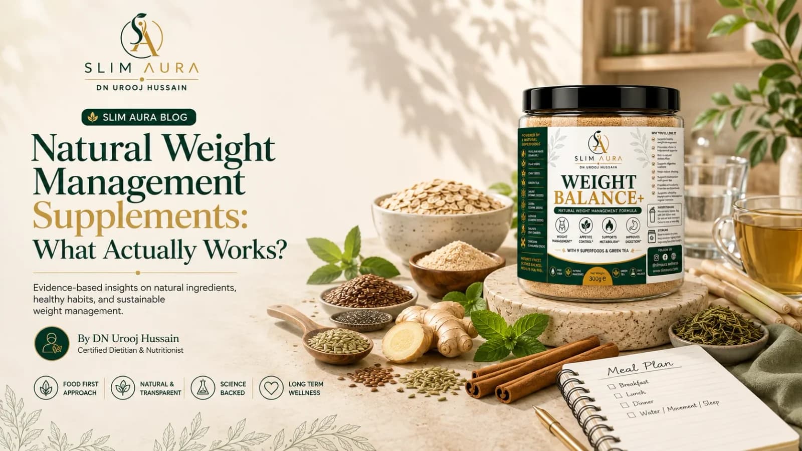 Natural approaches to weight management — Weight Balance+ styled with whole fibre foods, a meal-planning notebook and green tea
