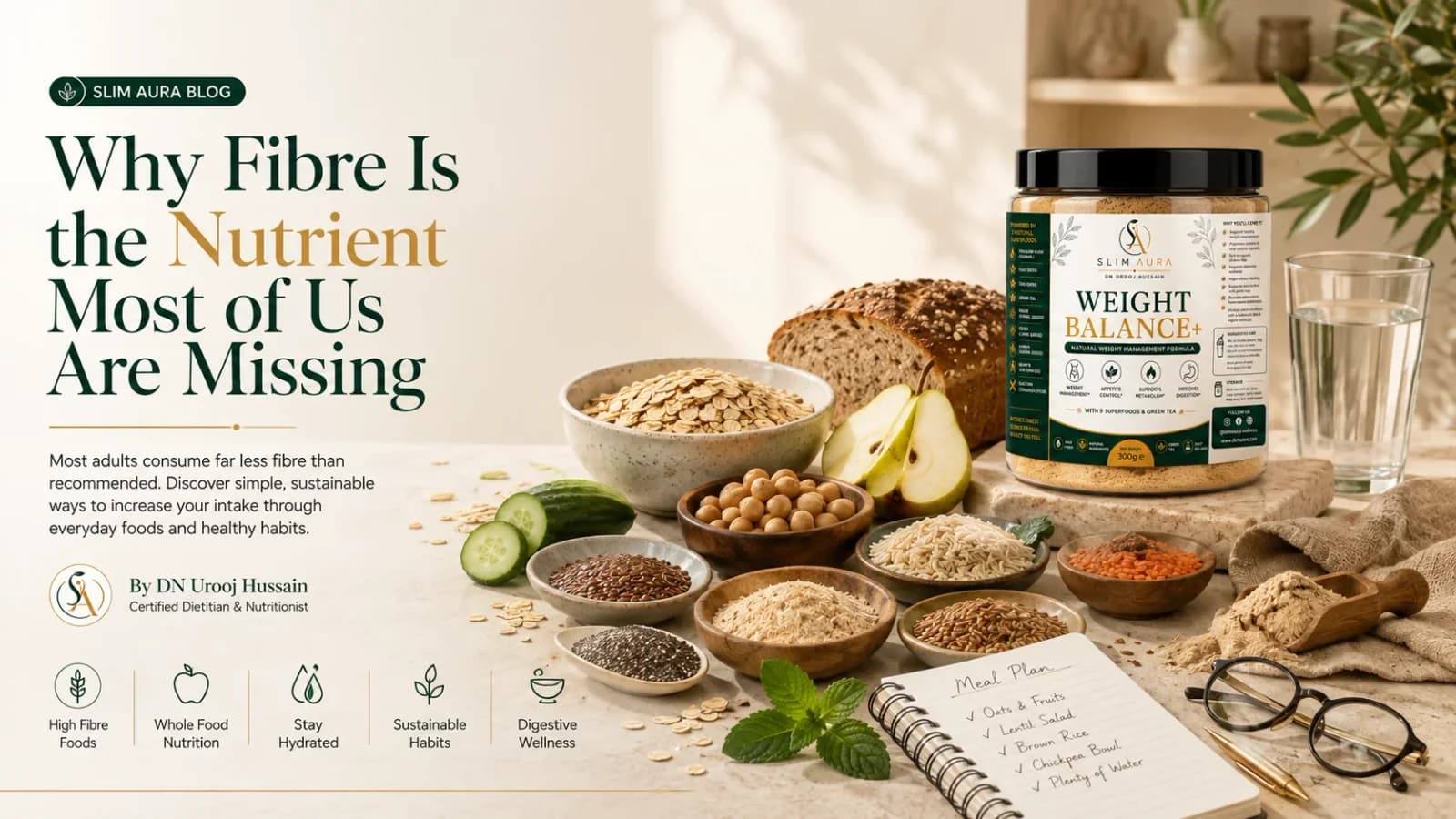 Why fibre is the nutrient most of us are missing — whole fibre foods, oats, chickpeas and bread styled with Weight Balance+