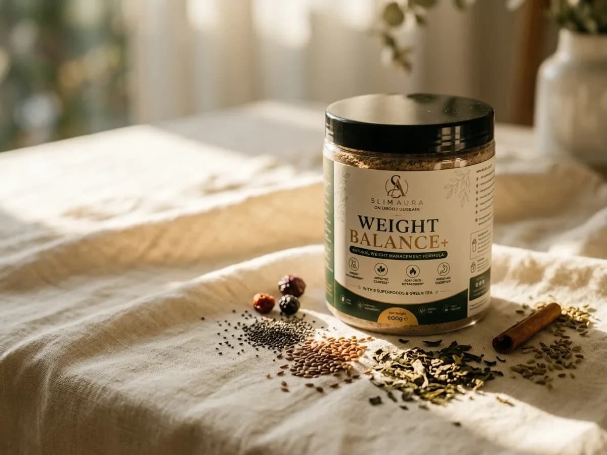 Jar of Slim Aura Weight Balance+ surrounded by chia seeds, flaxseed, green tea leaves and fresh berries
