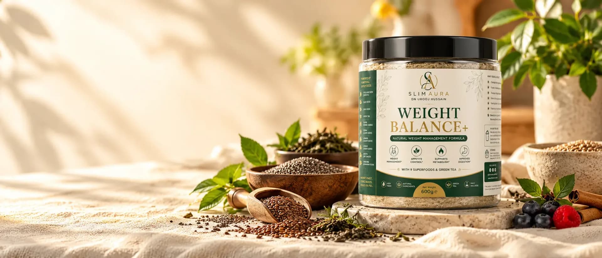 Jar of Slim Aura Weight Balance+ surrounded by chia seeds, flaxseed, green tea leaves and fresh berries